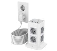 TESSAN Regletas Enchufes Proteccion Sobretension 8 Tomas con 3 USB A y 1 USB C, Torre Enchufes Vertical con Interruptor, 10 Metros Extension Cord, Alargador Enchufe 3600W para Oficina, Casa, Gray