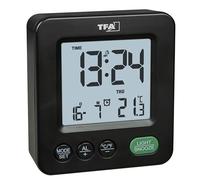 TFA Dostmann 60.2567.01 - Mini despertador digital con radio, alimentado por batería, temperatura interior, ajuste de zona horaria, duración de repetición personalizable, día de la semana, color negro