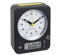 TFA Dostmann Combo 60.1511.01.07 - Despertador analógico con Reloj controlado por Radio (Alarma Digital, Teclas silenciosas), Color Negro y Amarillo