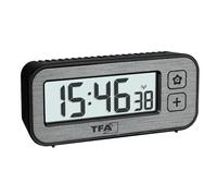 TFA Dostmann Radio Despertador Digital con Interruptor de Temperatura y Humedad, 60.2522.10, con valores máximos y mínimos, con Alarma y Radio, Despertador de Viaje, pequeño, sin tictac, Gris
