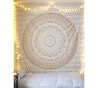 THE ART BOX Tapiz indio de algodón con mandala para colgar en la pared, color dorado y blanco, 135 x 160 cm, decoración de salón, paños indios, decoración para dormitorio