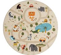 the carpet Happy Life - Alfombra Infantil, Alfombra de Juego, Lavable, Alfombra de Carreteras, Selva-Beige, 200 cm Redondo