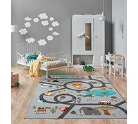 the carpet Happy Life - Habitación Infantil, Alfombra Infantil, Alfombra de Juego, Lavable, Alfombra de Calles, Calles, Jungla, Animales, Coche, Gris, 200 x 290 cm