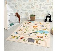 the carpet Happy Life - Habitación Infantil, Alfombra Infantil, Alfombra de Juego, Lavable, Alfombra de Calles, Calles, Jungla, Animales, Coche, Beige, 140 x 200 cm