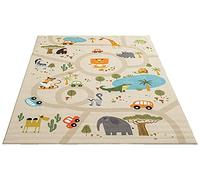 the carpet Happy Life - Habitación Infantil, Alfombra Infantil, Alfombra de Juego, Lavable, Alfombra de Calles, Calles, Jungla, Animales, Coche, Beige, 160 x 220 cm