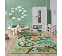 the carpet Happy Life - Habitación Infantil, Alfombra Infantil, Alfombra de Juego, Lavable, Alfombra de Calles, Calles, Jungla, Animales, Coche, Verde, 160 x 220 cm