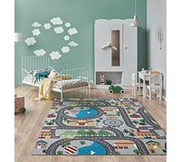 the carpet Happy Life - Habitación Infantil, Alfombra Infantil, Alfombra de Juego, Lavable, Alfombra de Calles, Calles, Ciudad, Coche, Gris, 120 x 160 cm