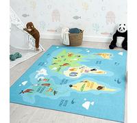 the carpet Happy Life - Habitación Infantil, Alfombra Infantil, Alfombra de Juego, Lavable, Mapa del Mundo, Tierra, Animales, Azul, 80 x 150 cm