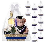 Thenshop Cesta de regalo vacía de 44 piezas, incluye 12 bandejas de cartón, 12 bolsas de plástico y 20 lazos para cumpleaños, boda, Acción de Gracias, Navidad, fiesta, bricolaje (borde dorado, azul)