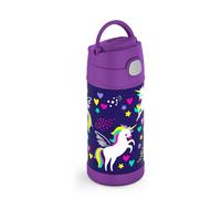 THERMOS - FUNTAINER - Botella isotérmica para niños de acero inoxidable con pajita de silicona y asa, 0,35 l (Rainbow Unicorn)