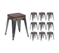 THINIA HOME Pack 10 Taburetes Bajos Industriales Apilables de Acero y Madera 38x38x46cm