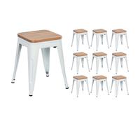 Thinia Home Pack 10 Taburetes Bajos Industriales Apilables de Acero y Madera 38x38x46cm Thinia Home