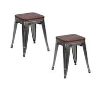 THINIA HOME Pack 2 Taburetes Bajos Industriales Apilables de Acero y Madera 38x38x46cm