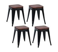 THINIA HOME Pack 4 Taburetes Bajos Industriales Apilables de Acero y Madera 38x38x46cm