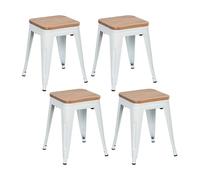 THINIA HOME Pack 4 Taburetes Bajos Industriales Apilables de Acero y Madera 38x38x46cm