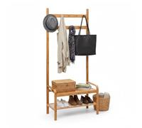 THINIA HOME - Perchero de Pie de Bambú Natural con Banco Zapatero y Ganchos de Madera, Organizador de Entrada, Dormitorio o Recibidor, Estilo Nórdico, 73.5x34.5x170 cm