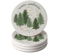 Thirstystone Winter Woodlands 4 Pack Round Absorber Stone Coasters con Respaldo Protector de Corcho Fabricado en los EE.UU. Artistic Absorbent Easy Wipes Clean