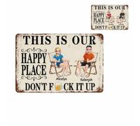 This Is Our Happy Place - Figura de dibujos animados personalizada para parejas, letrero de metal decorativo para interiores y exteriores con nombres personalizados, jardín, retro, decoración de pared