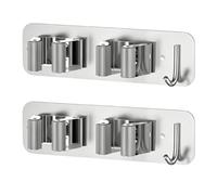 TIANLIN Soporte para Escobas y Fregonas Pared, 2 Piezas Colgador Adhesivo o con Tornillos para Mangos 1.8-2.8cm, Acero Inoxidable 304 Plateado - Organizador con 2 Clips + 1 Gancho para Cocina, Garaje