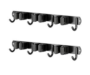 TIANLIN Soporte para Escobas y Fregonas Pared, 2 Piezas Colgador Adhesivo o con Tornillos para Mangos 1.8-2.8cm, Acero Inoxidable 304 Negro - Organizador con 3 Clips + 4 Ganchos para Cocina, Garaje