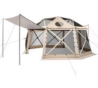 Tienda de campaña tipo pabellón con mosquitera, de 4,57 x 4,57 metros, con forma esférica de 13 lados, con techo desmontable y bolsa de transporte. Se monta rápidamente y es resistente a mordeduras de