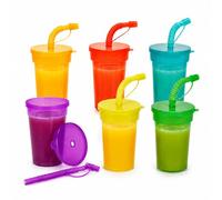 TIENDA EURASIA - Pack 6 Vasos de Plástico con Tapa y Pajita | 380 ml | Colores Surtidos | Apilables y Reutilizables | Ideales para Agua, Zumos y Refrescos | 8x17.5 cm