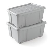 TIENDA EURASIA - Pack de 2 Cajas de Ordenación de Plástico | Con Tapa | Multiusos | Clips de Cierre | Apilables | Contenedor para Almacenar Juguetes, Ropa, Mantas (Gris, 36 Litros con Ruedas)