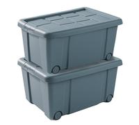 TIENDA EURASIA - Pack de 2 Cajas de Ordenación de Plástico | Con Tapa | Multiusos | Clips de Cierre | Apilables | Contenedor para Almacenar Juguetes, Ropa, Mantas (Azul, 36 Litros con Ruedas)