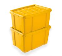 TIENDA EURASIA - Pack de 2 Cajas de Ordenación de Plástico | Con Tapa | Multiusos | Clips de Cierre | Apilables | Contenedor para Almacenar Juguetes, Ropa, Mantas (Amarillo, 16 Litros)
