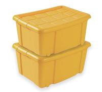 TIENDA EURASIA - Pack de 2 Cajas de Ordenación de Plástico | Con Tapa | Multiusos | Clips de Cierre | Apilables | Contenedor para Almacenar Juguetes, Ropa, Mantas (Amarillo, 36 Litros con Ruedas)