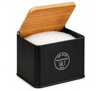 TIENDA EURASIA - Salero de Cocina con Tapa de Bambú | Recipiente para Sal | Diseño Moderno | 11x14x11 cm | Estructura Metálica | Tapa Abatible | Ideal para Cocina y Mesa (Negro)