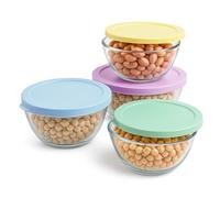 TIENDA EURASIA - Set 4 Tupper Cristal | Redondos | Azul, Amarillo, Lila y Verde | Vidrio (Borosilicato) + Plástico | 800, 1000, 1600 y 2100 ml | Apto para Lavavajillas y Microondas (excepto la Tapa)