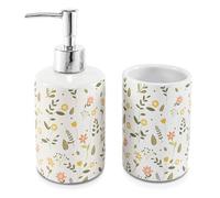 TIENDA EURASIA - Set de Baño | Dispensador de Jabón y Portacepillos | 7x16.8cm 7x10.5cm | Cerámica y Plástico Libre de BPA (Flores)