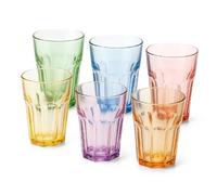 TIENDA EURASIA - Vasos de Cristal | Pack 6 Uds | Vidrio | Colores: Amarillo, Azul, Naranja, Morado, Rosa y Verde | 8.5x8.5x12 cm y 8.5x8.5x9.5 cm | Apto para Lavavajillas | No apto para Horno (360 ml)