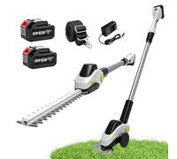 Tijera Cortacésped y Arreglasetos 2 en 1, Cortasetos Eléctrico con 2 Batería y Cargador, Tijeras para Césped con Mango Telescópico para Podar Césped, Arbustos y Setos