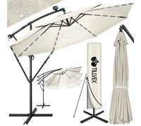 tillvex 300/350 cm Sombrilla Excentrico con 32 Luces LED Solar | Parasol para Terraza Jardín Balcón Patio | con Manivela y Base en Cruz, Giratorio 360º, Protección UV