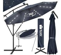 tillvex 300/350 cm Sombrilla Excentrico con 32 Luces LED Solar | Parasol para Terraza Jardín Balcón Patio | con Manivela y Base en Cruz, Giratorio 360º, Protección UV