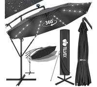 tillvex 350 cm Sombrilla Excentrico con 32 Luces LED Solar | Parasol para Terraza Jardín Balcón Patio | con Manivela y Base en Cruz, Giratorio 360º, Protección UV