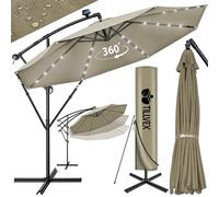 tillvex 350 cm Sombrilla Excentrico con 32 Luces LED Solar | Parasol para Terraza Jardín Balcón Patio | con Manivela y Base en Cruz, Giratorio 360º, Protección UV