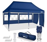tillvex Cenador plegable de 3 x 6 m resistente al agua, altura regulable, protección ultravioleta de 50+, carpa para fiestas en el jardín, con bolsa (azul, con 3 paneles laterales)