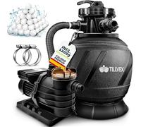 tillvex Depuradora de Agua para Piscina 13.200L/h hasta 40.000L + 1200g Bolas de Filtro - 7 Funciones de Filtrado - Bomba de Filtro de Arena con Válvula (AquaBlack Pro)