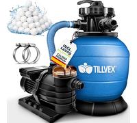 tillvex Depuradora de Agua para Piscina 13.200L/h hasta 40.000L + 1200g Bolas de Filtro - 7 Funciones de Filtrado - Bomba de Filtro de Arena con Válvula (Azul)