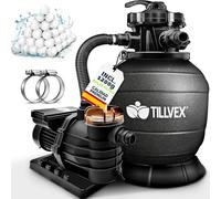 tillvex Depuradora de Agua para Piscina 13.200L/h hasta 40.000L + 1200g Bolas de Filtro - 7 Funciones de Filtrado - Bomba de Filtro de Arena con Válvula (Negro)