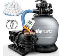 tillvex Depuradora de Agua para Piscina 13.200L/h hasta 40.000L + 1200g Bolas de Filtro - 7 Funciones de Filtrado - Bomba de Filtro de Arena con Válvula (Gris)