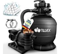 tillvex Depuradora de Agua para Piscina 13.200L/h hasta 40.000L + 1200g Bolas de Filtro - 7 Funciones de Filtrado - Bomba de Filtro de Arena con Válvula