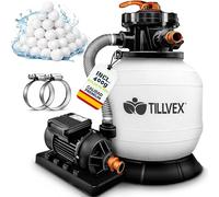tillvex Depuradora de Agua para Piscina 7.900L/h + 400g Bolas de Filtro | 7 Funciones de Filtrado & Adaptador Ø32-38mm | Filtro de piscina con indicador de presión (Blanco/Naranja)