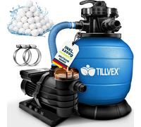 tillvex Depuradora de Agua para Piscina azul 13.200L/h hasta 40.000L + 1200g Bolas de Filtro - 7 Funciones de Filtrado - Bomba de Filtro de Arena con Válvula