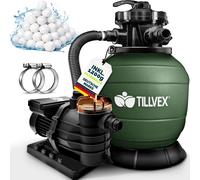 tillvex Depuradora de Agua para Piscina verde 13.200L/h hasta 40.000L + 1200g Bolas de Filtro - 7 Funciones de Filtrado - Bomba de Filtro de Arena con Válvula