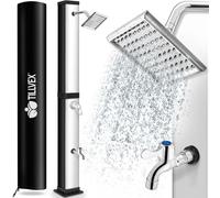 tillvex Ducha de Jardín 40 litros /Plata | Cubierta protectora incluida | Ducha Solar con Agua Caliente | Sin Conexión Eléctrica | Cabezal de Ducha de Lluvia y Grifo | Conexión de Manguera de Jardín