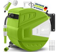 tillvex Enrollador de manguera de agua 15+2 m verde con soporte de pared + asa de transporte | Enrollador de manguera con ducha de mano y manguera de jardín | Giratorio 180° | Caja de manguera de pare